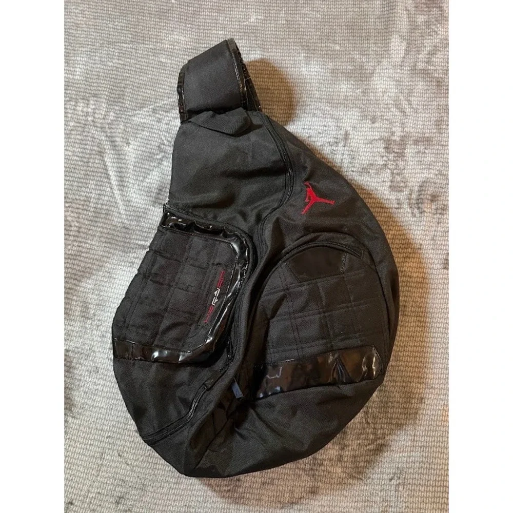 Vintage Jordan Brand Sling Backpack Black Red Jumpman One Shoulder Bag 1113-022